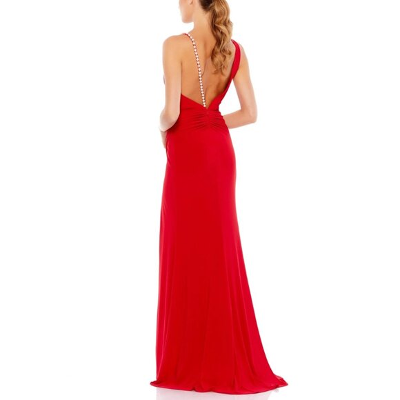 NEW‎ Mac Duggal 26532 Size 10 Red V-Neck Ruched Pearl Strap Long Maxi Gown Dress - Picture 4 of 4
